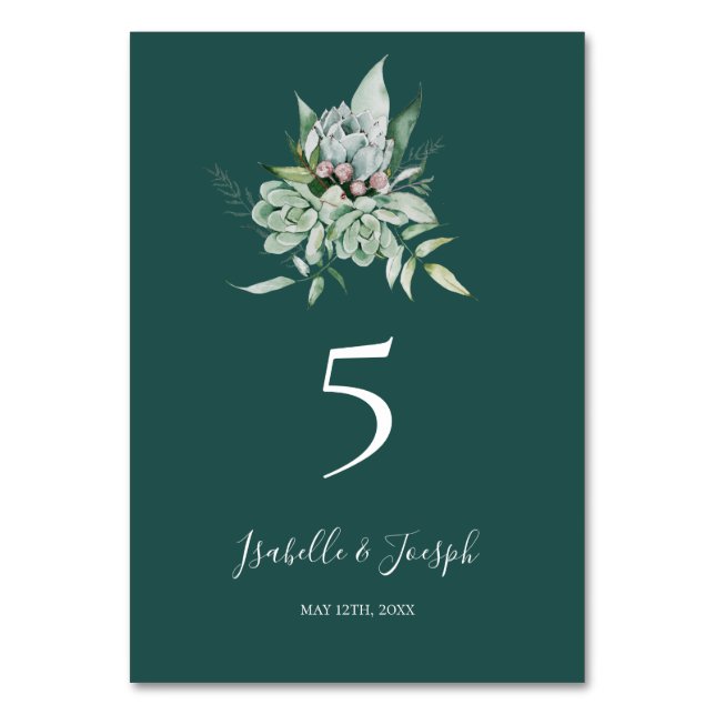 Succulent Greenery | Dark Green Table Number (Front)