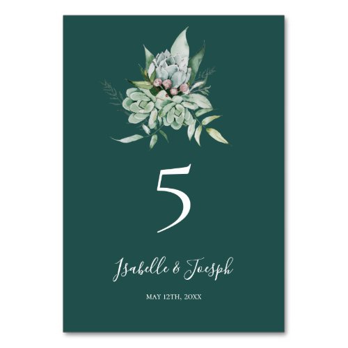 Succulent Greenery  Dark Green Table Number