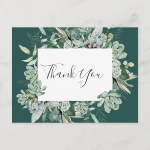 Succulent Greenery   Dark Green Wedding Thank You Postcard