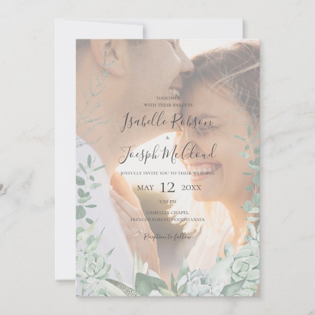 Succulent Greenery Faded Photo All In One Wedding Invitation (Front)