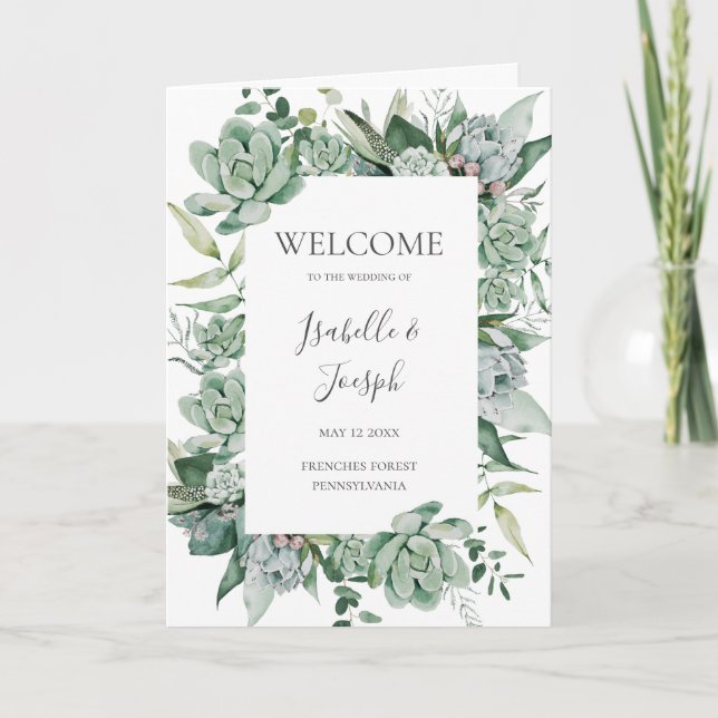 Succulent Greenery | Folded Wedding Program (Front)