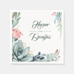 Succulent Greenery Foliage and Pink Rose Flower Napkins