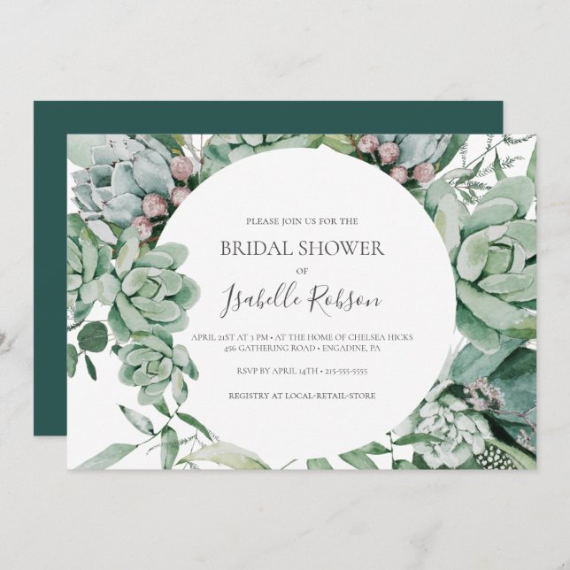 Succulent Greenery Green Horizontal Bridal Shower  Invitation (Front/Back)