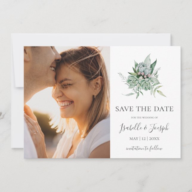 Succulent Greenery Horizontal Photo Save the Date (Front)