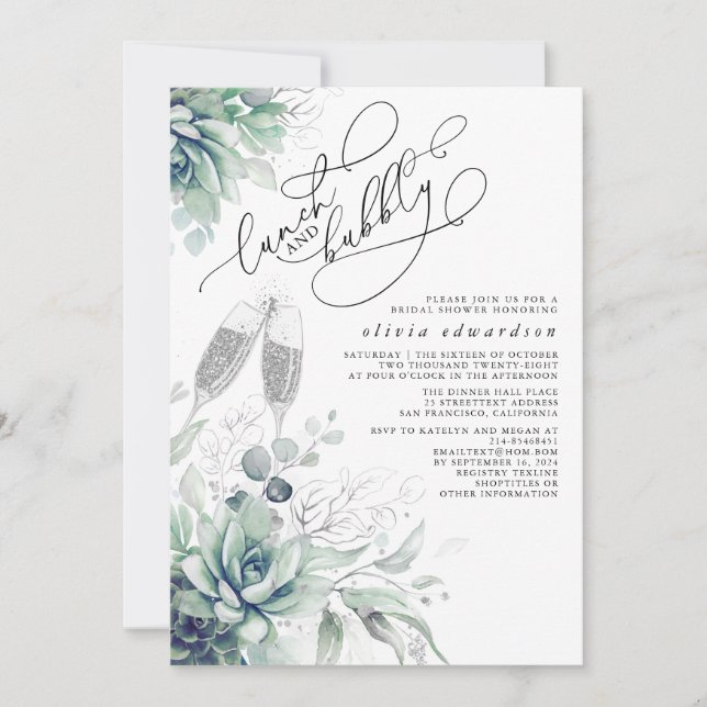 Succulent Greenery Lunch and Bubbly Bridal Shower Invitation (Front)