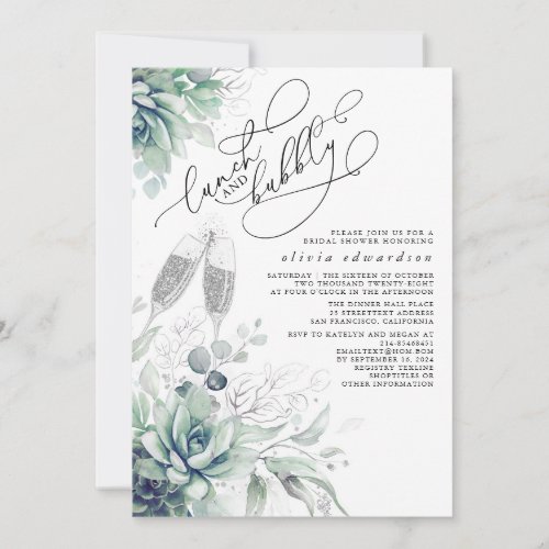 Succulent Greenery Lunch and Bubbly Bridal Shower Invitation