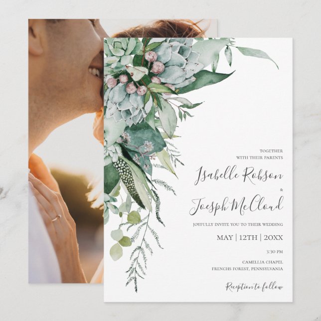 Succulent Greenery | Photo Casual Wedding Invitation (Front/Back)