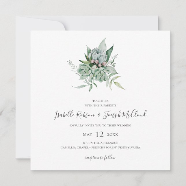 Succulent Greenery | Photo Square Wedding Invitation (Front)