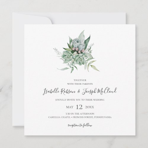 Succulent Greenery  Photo Square Wedding Invitation