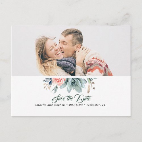 Succulent Greenery Pink Rose Save the Date Photo Announcement Postcard