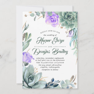 Succulent Greenery Purple Floral Modern Wedding Invitation