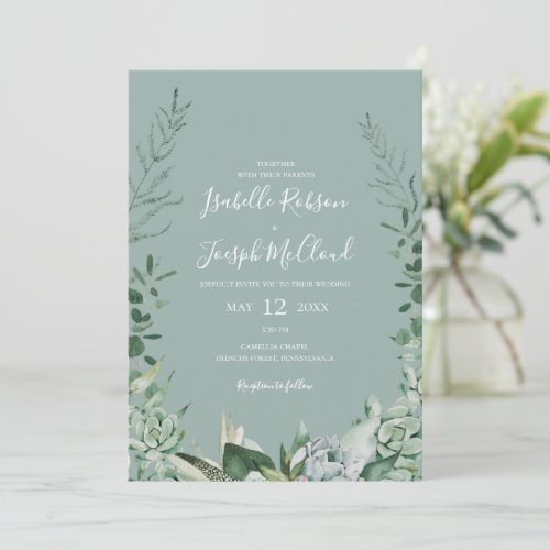 Succulent Greenery  Sage Green All In One Wedding Invitation