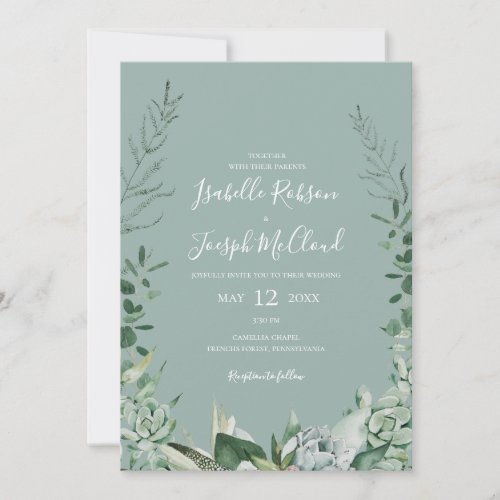 Succulent Greenery  Sage Green All In One Wedding Invitation