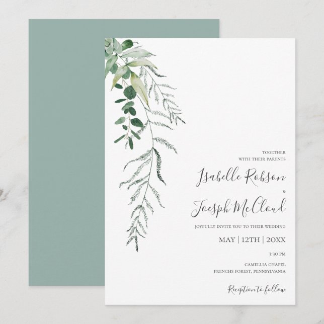 Succulent Greenery | Sage Green Casual Wedding Invitation (Front/Back)