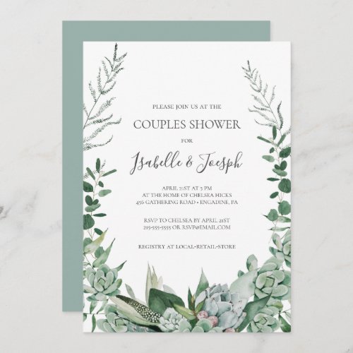 Succulent Greenery  Sage Green Couples Shower Invitation