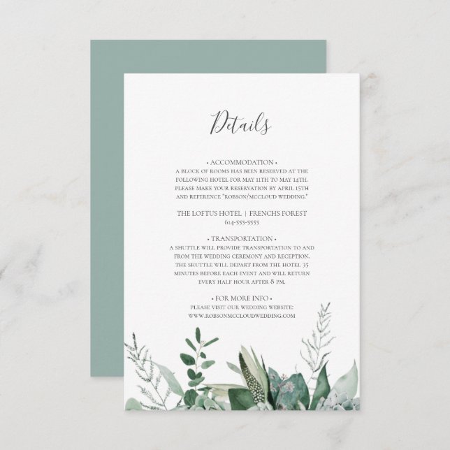 Succulent Greenery | Sage Green Details Enclosure Card (Front/Back)