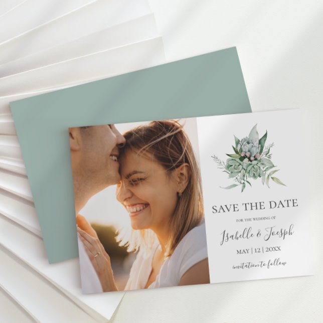 Succulent Greenery | Sage Green Horizontal Photo Save The Date (Creator Uploaded)