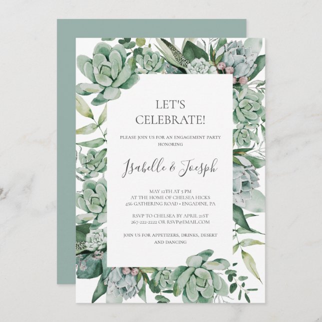 Succulent Greenery | Sage Green Let's Celebrate In Invitation (Front/Back)
