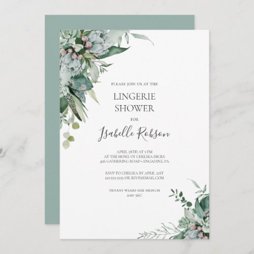 Succulent Greenery  Sage Green Lingerie Shower Invitation