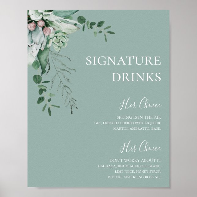 Succulent Greenery | Sage Green Signature Drinks Poster (Front)