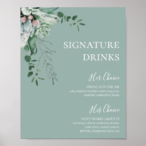 Succulent Greenery  Sage Green Signature Drinks Poster