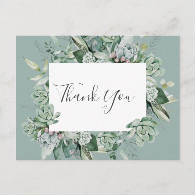 Succulent Greenery | Sage Green Wedding Thank You Postcard (Front)