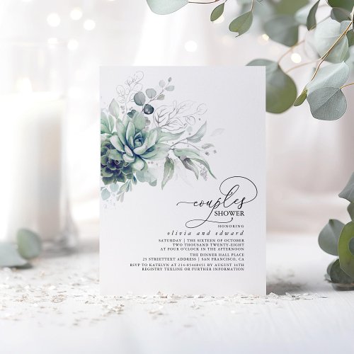 Succulent Greenery Silver Leaves Couples Shower Invitation