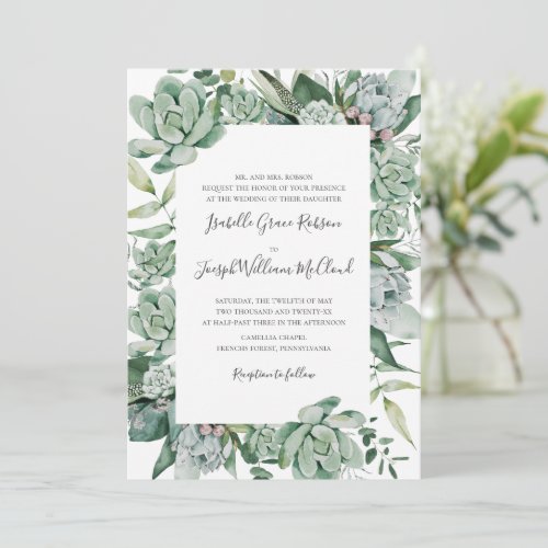 Succulent Greenery  Traditional Full Name Wedding Invitation