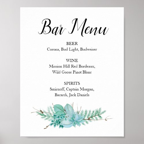 Succulent Greenery Wedding Bar Menu Drink Sign