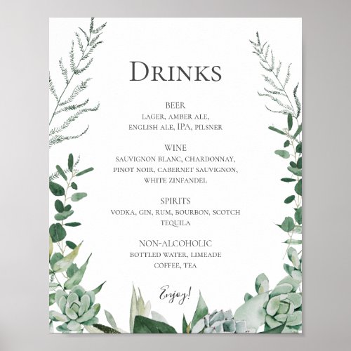 Succulent Greenery  Wedding Drinks Menu Sign
