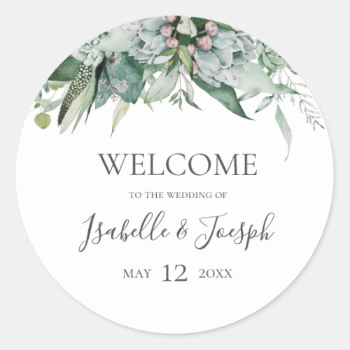 Succulent Greenery  Wedding Welcome Classic Round Sticker