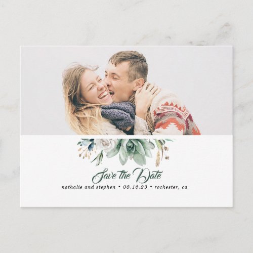 Succulent Greenery White Rose Save the Date Photo Announcement Postcard