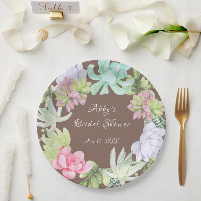 Succulent Greenery Wreath Bridal Shower Paper Plates (Wedding)