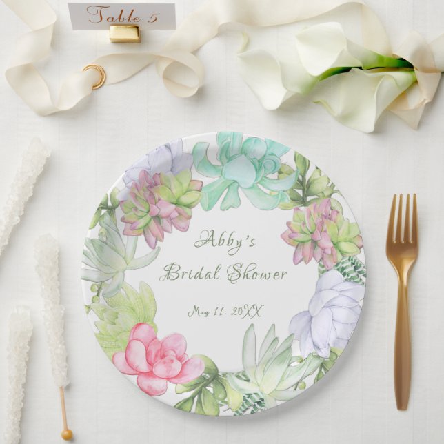 Succulent Greenery Wreath Bridal Shower Paper Plates (Wedding)