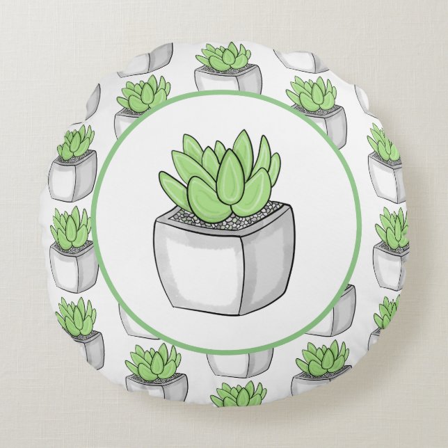 Succulent Hand drawn Plant  Round Pillow (Front)