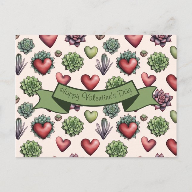 Succulent Heart Watercolor Valentines Day Pattern Holiday Postcard (Front)