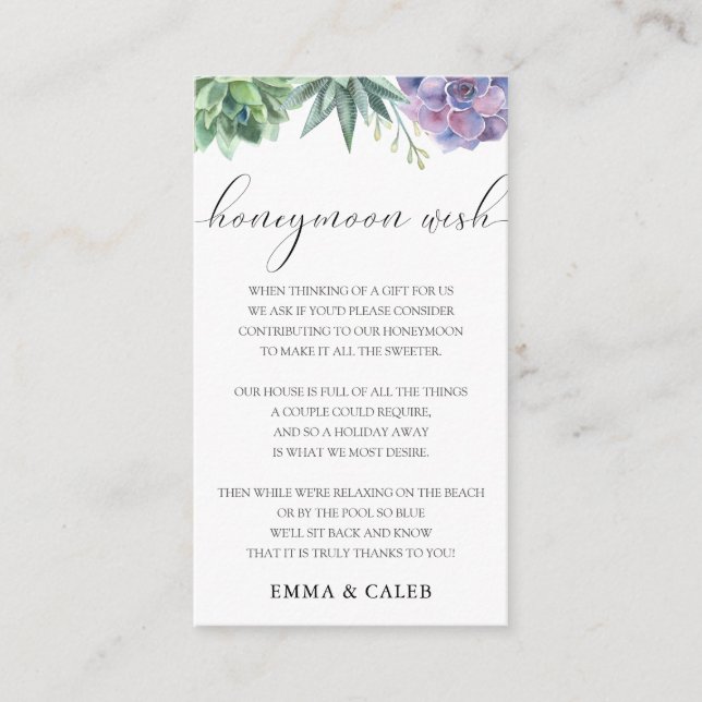 Succulent Honeymoon Wish Fund Enclosure Card (Front)
