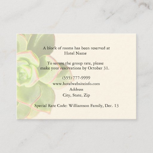 Customizable Succulent Hotel Accommodation Enclosure Cards Business Cards