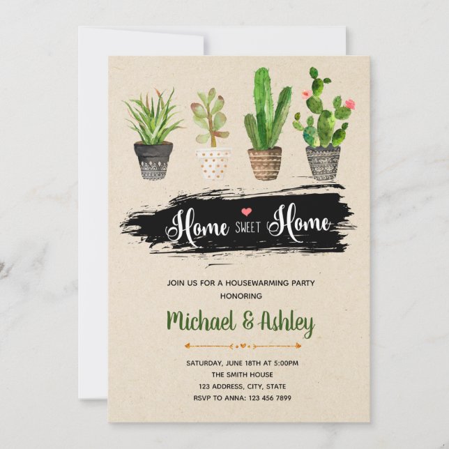 Succulent housewarming party invitation (Front)