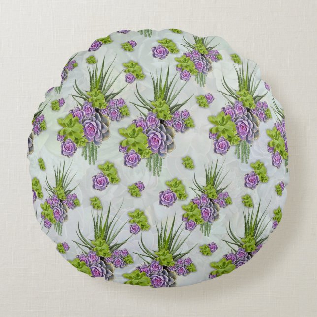 Succulent  Hues of Sea Green & Lavender tones Round Pillow (Front)