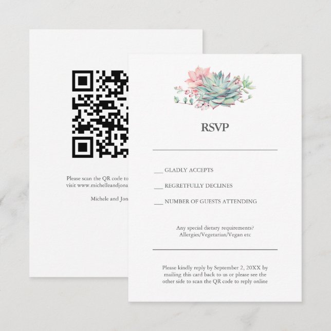 Succulent Hybrid Wedding RSVP Card with QR Code (Front/Back)