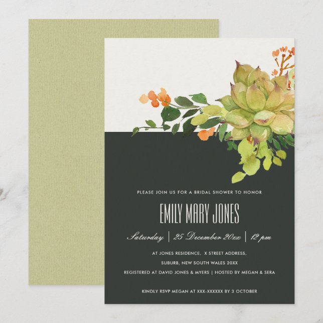 SUCCULENT KRAFT FLORAL WATERCOLOR BRIDAL SHOWER INVITATION (Front/Back)