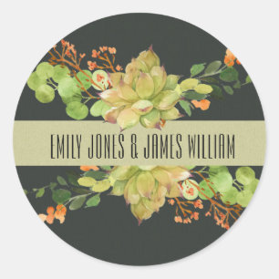SUCCULENT KRAFT ORANGE FLORAL WATERCOLOR WEDDING CLASSIC ROUND STICKER