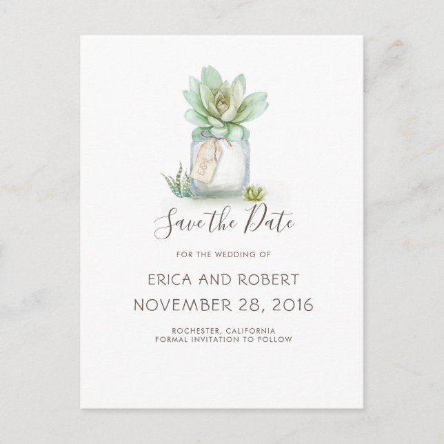 Succulent Mason Jar Rustic Save the Date Announcement Postcard (Front)
