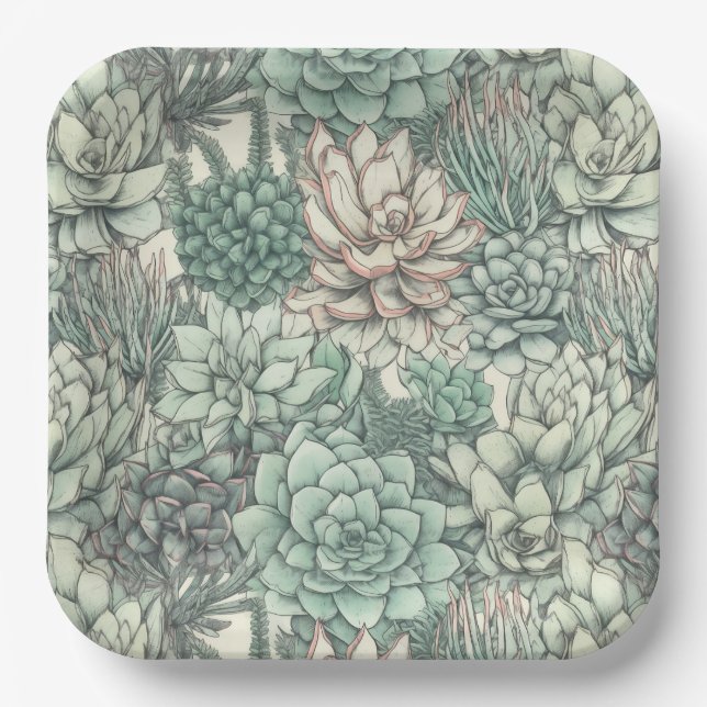 Succulent Paper Plates, Desert Cactus Plants Plates (Front)