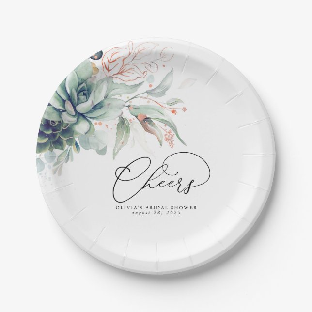 Succulent Pink Gold Greenery Elegant Modern Cheers Paper Plates (Front)