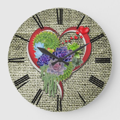 Succulent Plant Decor Within a Heart Large Clock