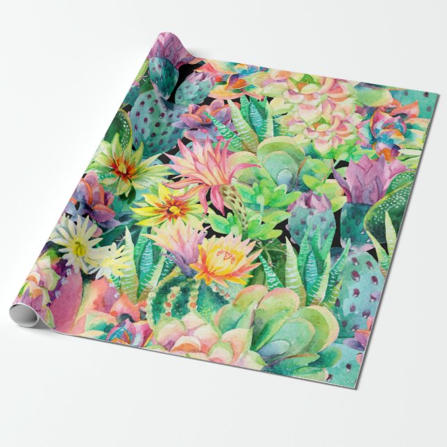 Succulent plants and cactus garden pattern wrapping paper (Unrolled)