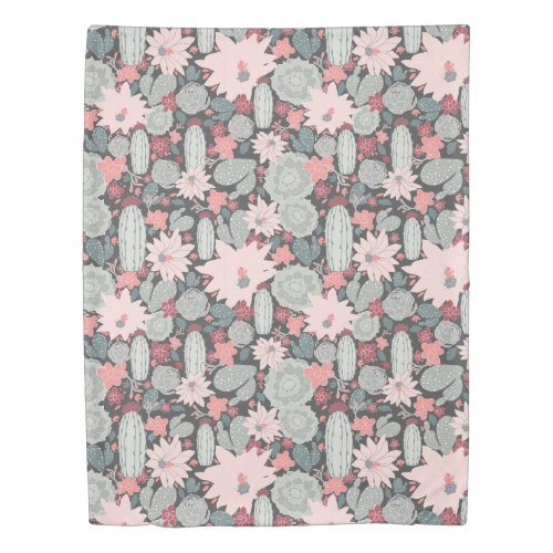 Succulent Plants And Cactus In Pink Mint Pattern Duvet Cover