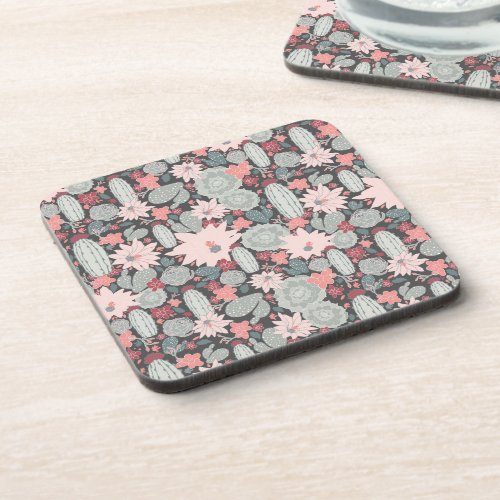 Succulent Plants And Cactus In Pink Pattern Beverage Coaster